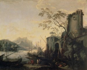 Paisaje fluvial con barcos y ruinas